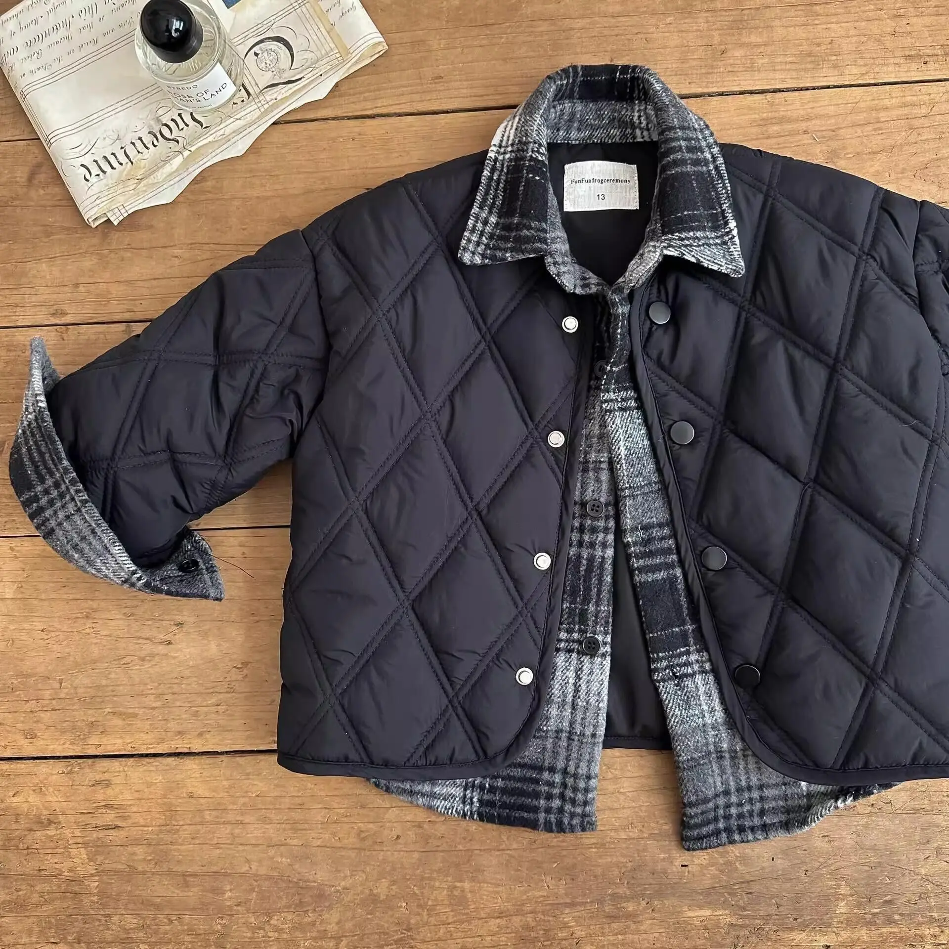 الشتاء الفتيان أسفل سترة قطن الكورية الأطفال منقوشة الربط رفض طوق المعاطف الدافئة عادية الاطفال الملابس القطنية السوداء #3