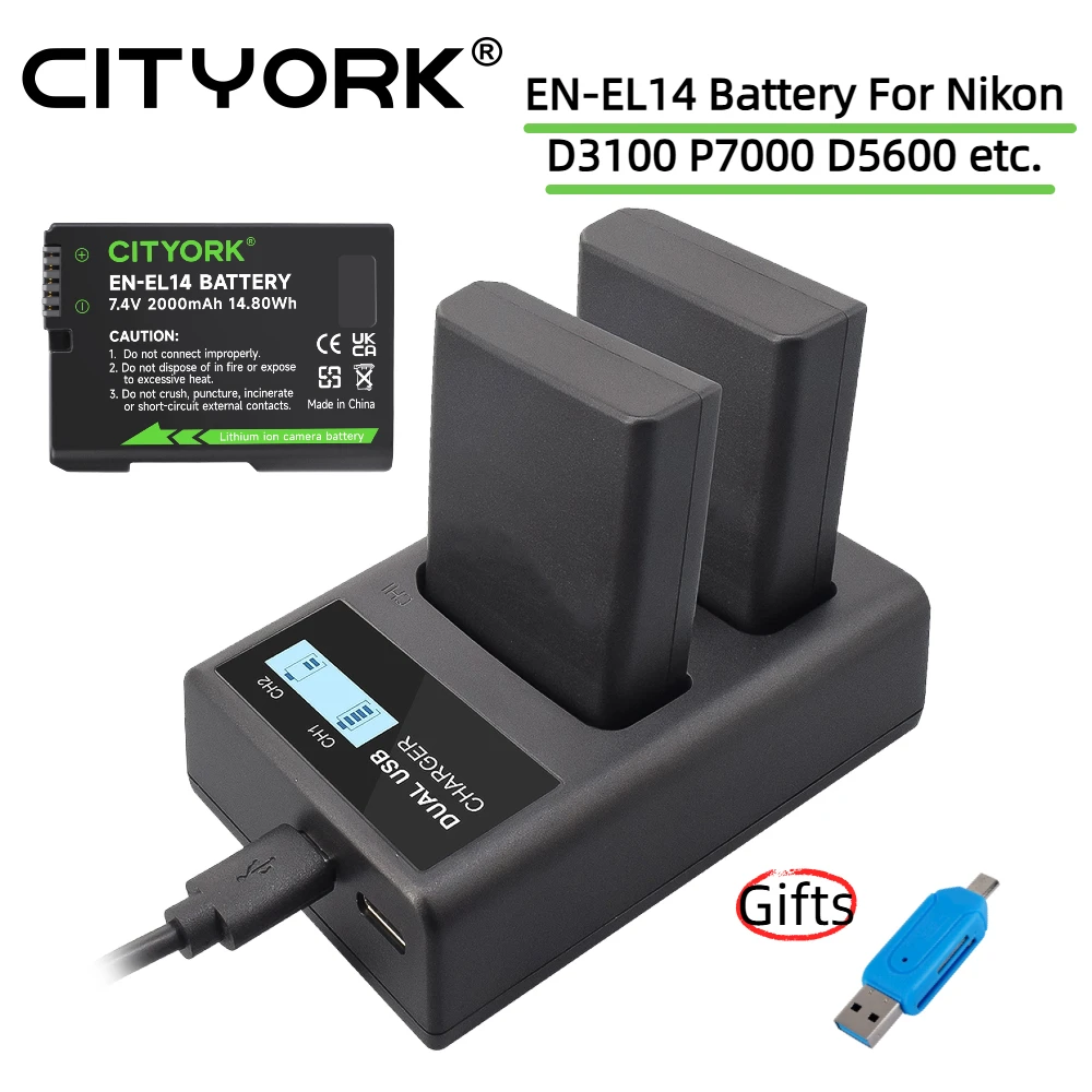 7.4V 2000mAh EN-EL14 Battery For Nikon D3100 D3300 D5100 D5200 P7000 P7100 D7800 Df D5500 Battery With 2-Slots Battery Charger