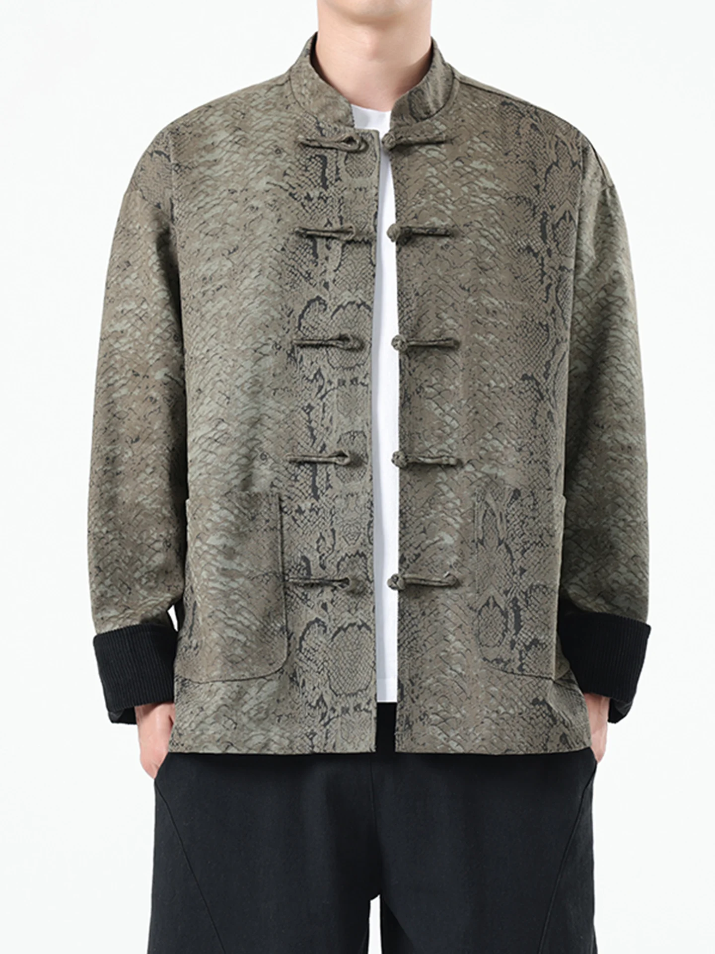 

Новая мужская куртка в китайском стиле для осеннего сезона с вышивкой под змеиную кожу, ретро-пиджак на пуговицах, приталенный крой, длинный рукав