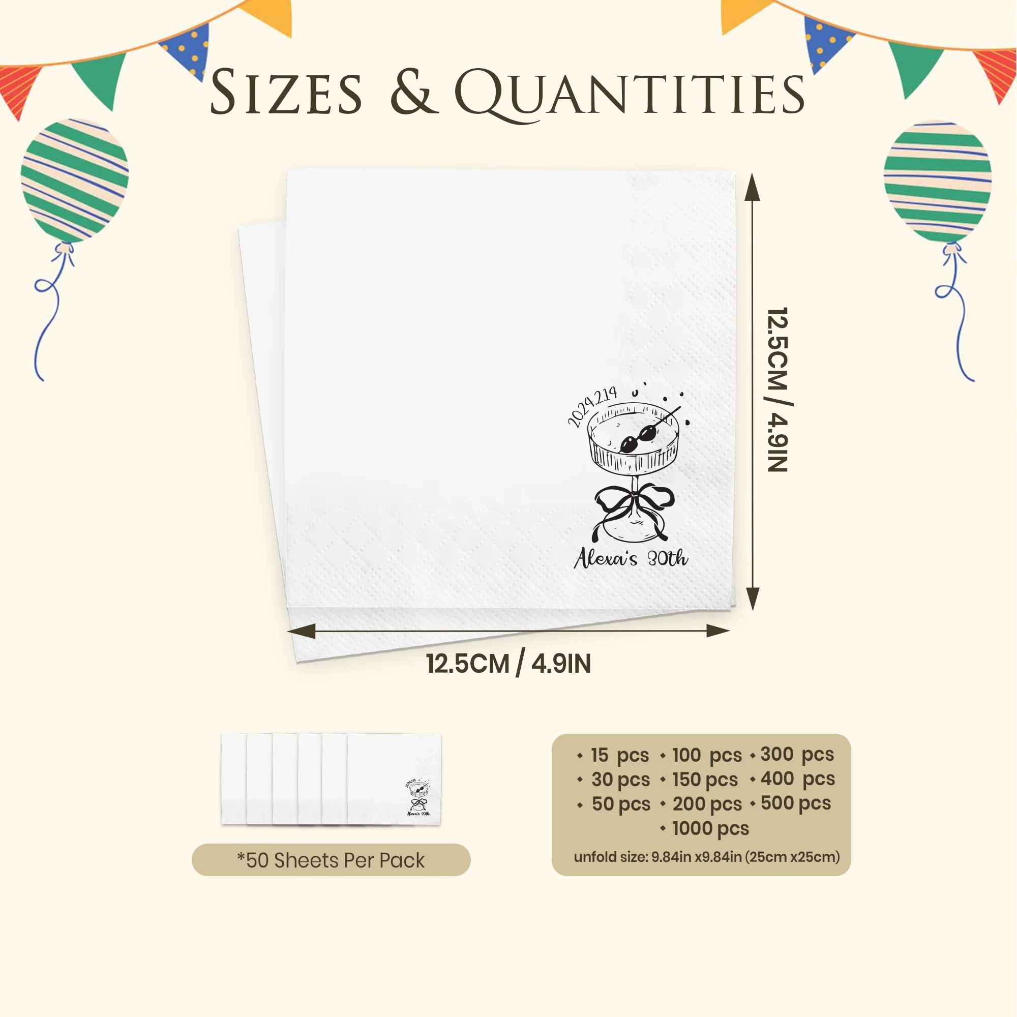 Personalisierte Servietten, 3-lagige, individuell gestaltete Cocktail-Servietten, Partydekoration, Einweg-Papierservietten für Hochzeiten, Brautpartys und Jubiläen. – Detail 3