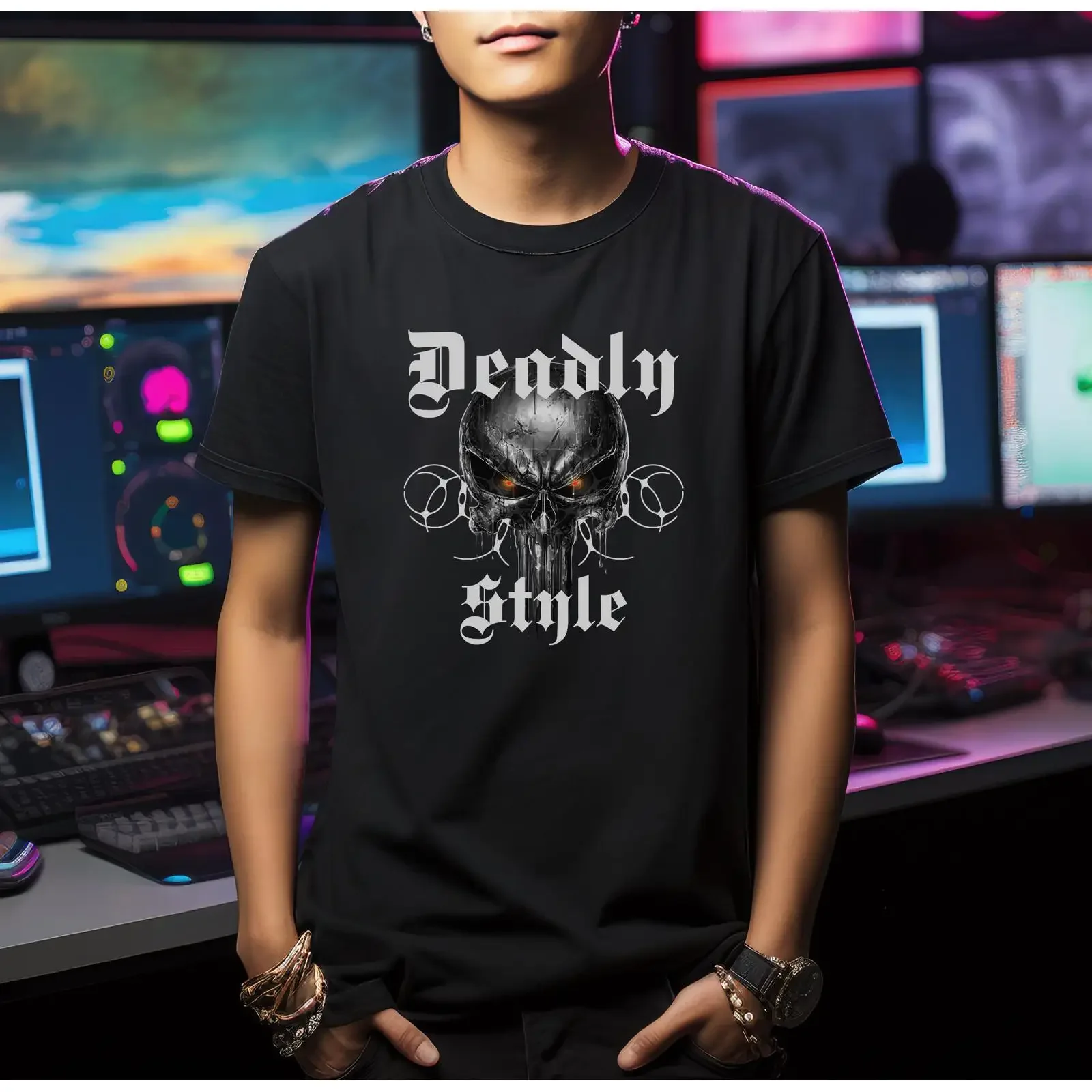 Metal Skull T Shirt Gothic Streetwear Deadly Style Fiery Bold Lettering Top vintage Washed Slightly Top For Everyday Wear