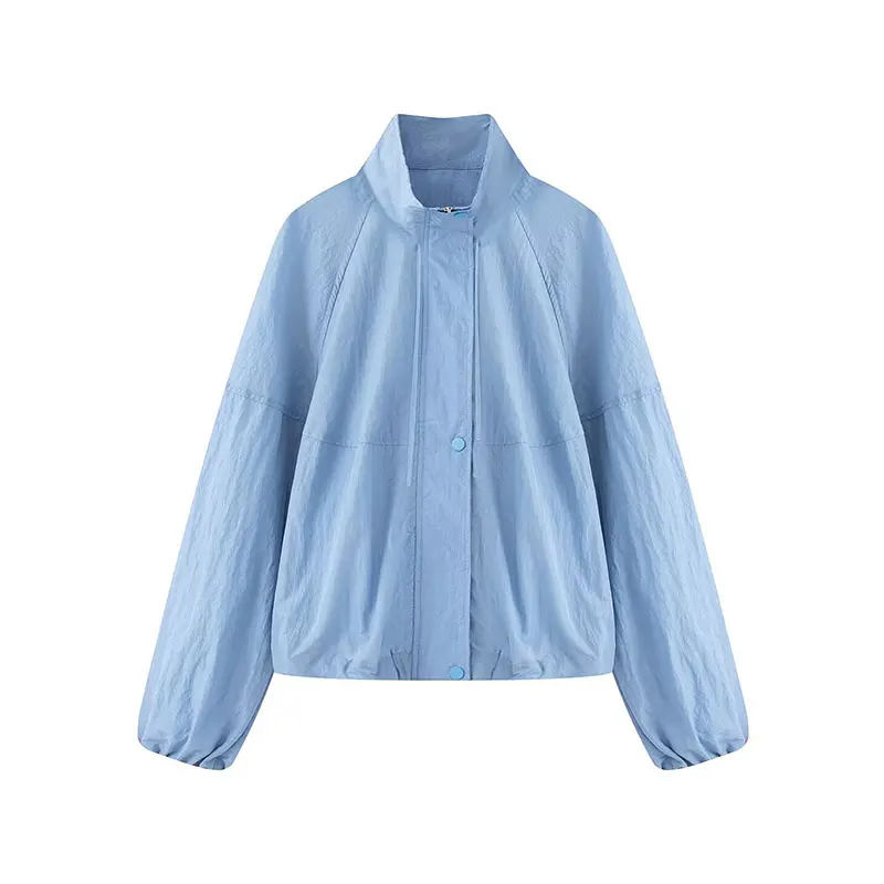 Nlzgmsj 2026  Ladies Solid Color Drawstring Stand Collar Thin Sun Protection Jacket Casual Long Sleeve Loose Short Coat