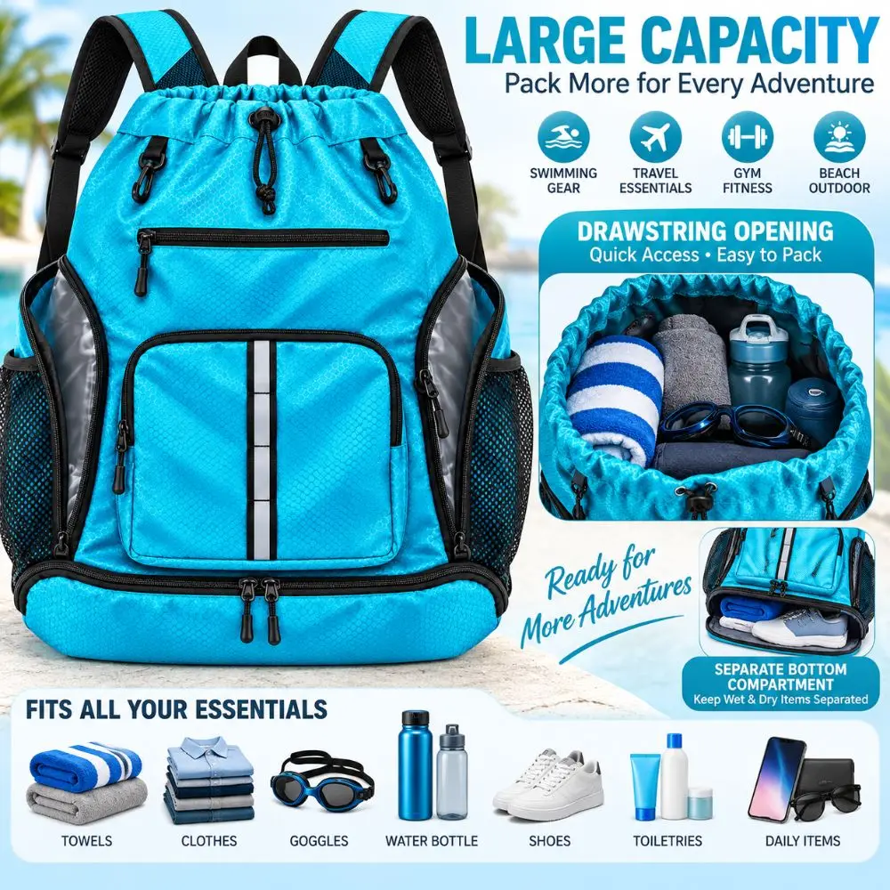 Water Resistant Beach Backpack Wet-Proof Pockets Detachable Mesh Bag Drawstring Sports Pack Adjustable Straps Shoe Compartment