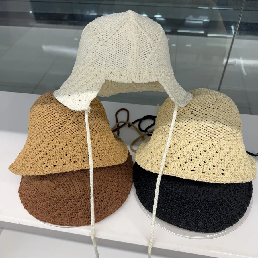 Summer Hollow-Out Lace-Up Knit Hat, Korean-Style Age-Reducing Fisherman Hat, Outdoor Travel Street Photography Sun Protection Hat