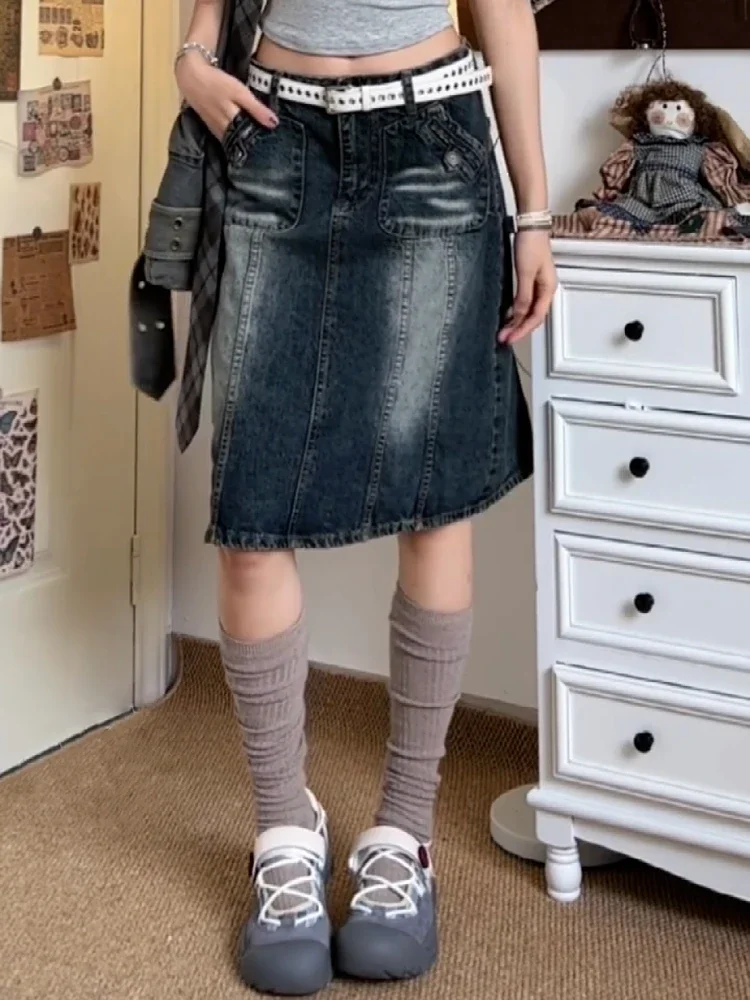 Summer Women Korean Midi Denim Skirt Cyber Punk Gyaru Coquette 2000s Vintage Harajuku Gothic Japanese Fashion Y2k Streetwear New