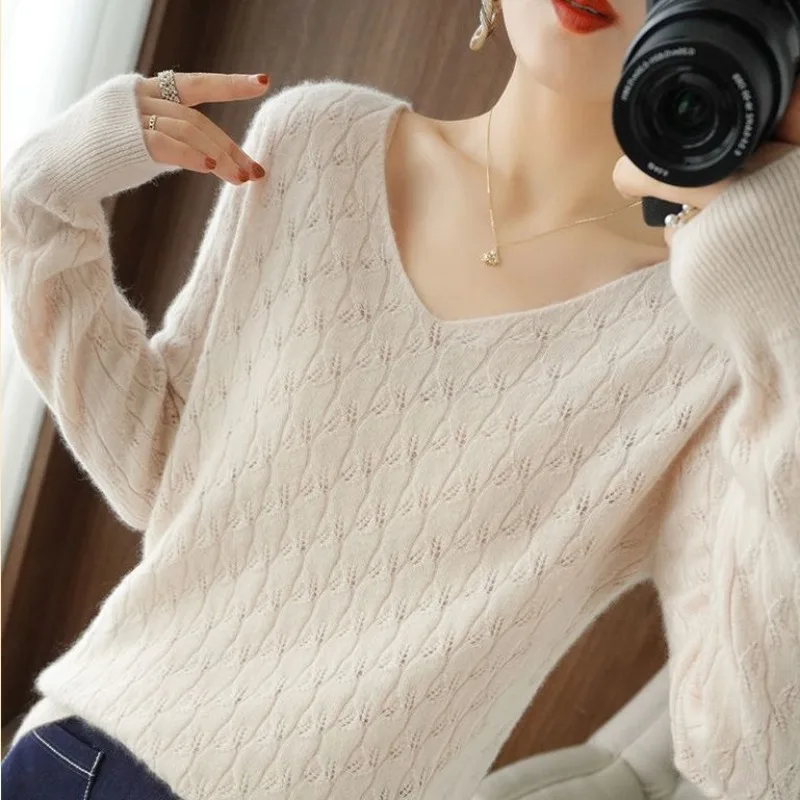 Women Autumn Simplicity Loose Fashion Hollow Out V-neck Long Sleeve Knitwear Women Clothes Temperament Knitting Bottoming Shirt