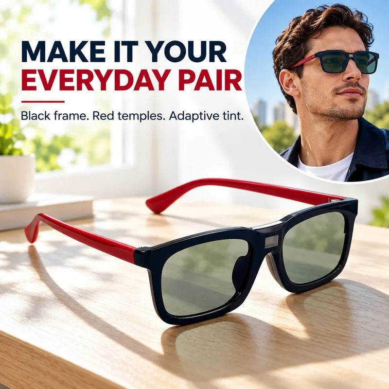 Electronic Tint Changing Sunglasses For Women Men Black Frame Red Temples Rectangular Light Sensing Eyewear For Outdoor Day W 70