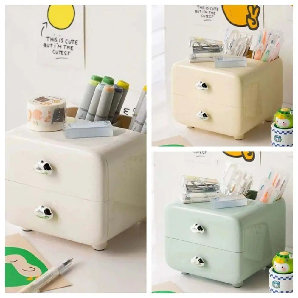 Multifunction Desktop Organizer Shelf Large Capacity Double Drawer Pen Holder Cream Color Display Desktop Organizer Home Use