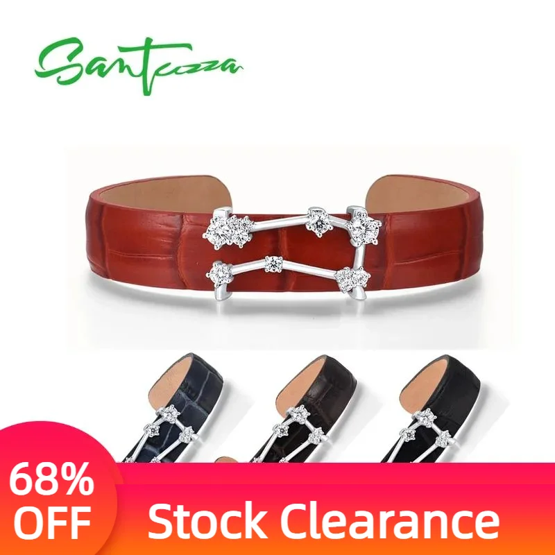 

SANTUZZA 925 Sterling Silver Bracelet Bangle for Women Adjustable Red/Black/Blue Leather Gemini Constellation Gift Fine Jewelry