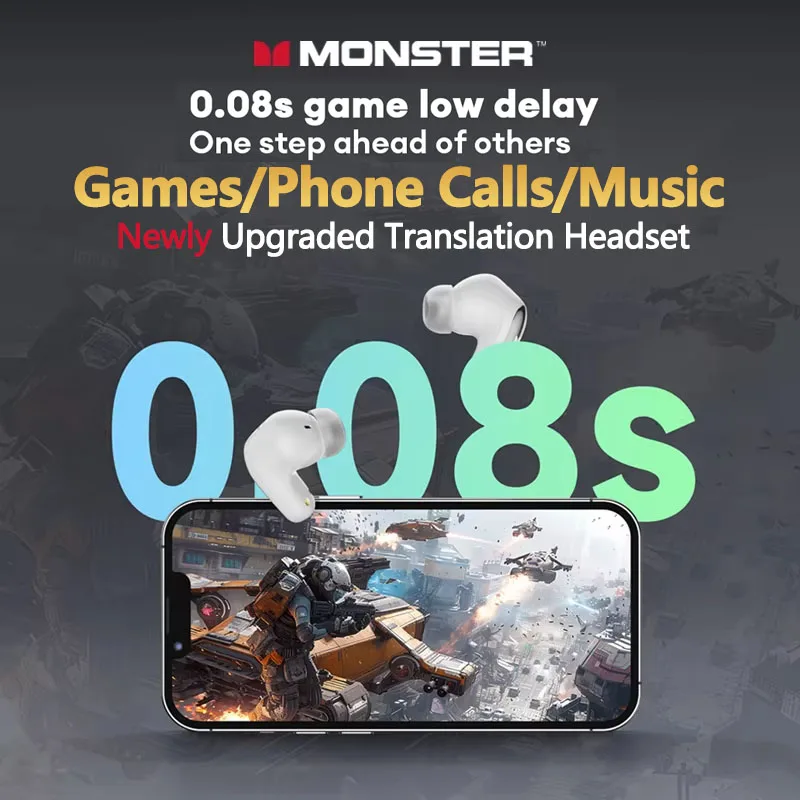 New Monster MQT52 AI Translation Headphones Wireless Bluetooth 5.4 Low Latency Headphones Real-Time Language Translation Earbuds