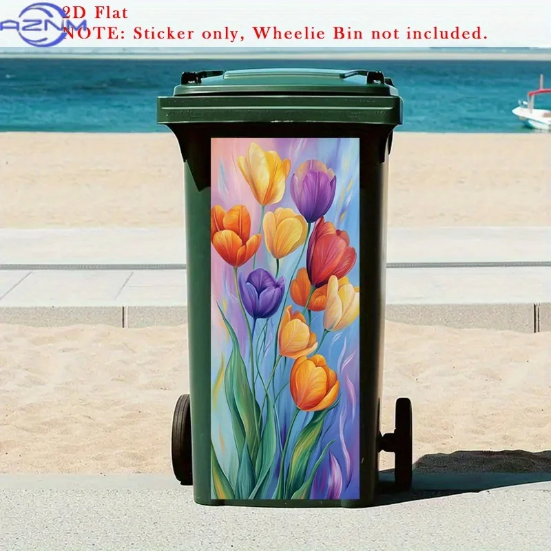 1PC1pc 2D Flat Trendy Colors Wall Painting Trash Can Stickers | Summer Mood Removable Self-Adhesive Trash Can Wallpaper, Tulip