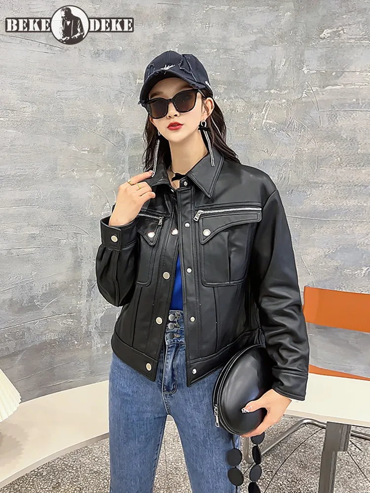 Autumn Women Irregular Real Sheepskin Jacket Slim Fit Single Breasted Boyfriend Style Moto Biker Genuine Leather Jacket Coats