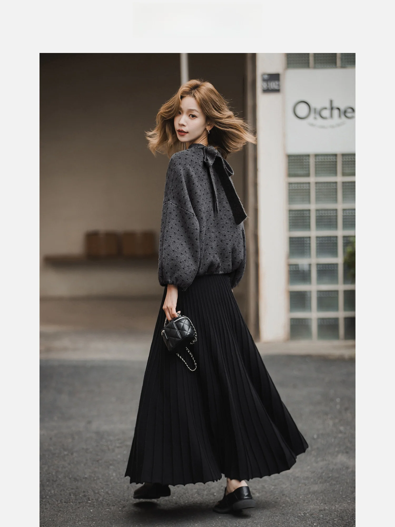 

Vivian Knitted Bubble Sve Print Top Women's Vintage Polka Dot Loose Fit Long Sve round Ne ort Sle Polyester Blend