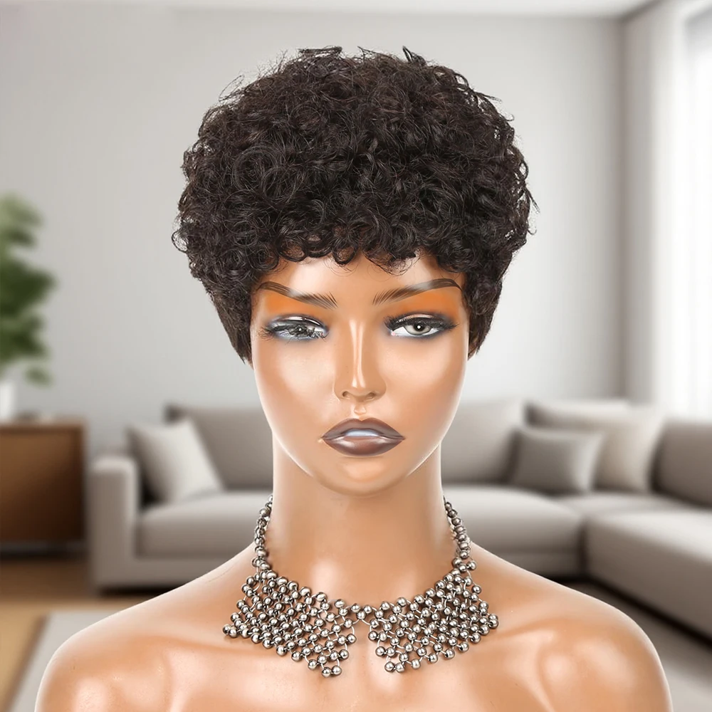 Pixie Cut Locken 100 % Echthaar-Perücke, tiefe Welle, günstige volle Maschinenperücken, Egg Curl, kurze Bob-Perücke, lockige Echthaar-Perücke für Frauen, 250 %