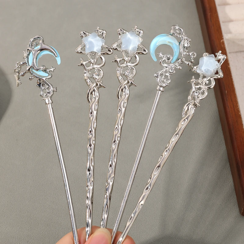 Romantic Moonstone Star Moon Hair Stick Metal Branch Hairpin HairFork Chinese Style Hair Accessories for Girls Hair Jewelry