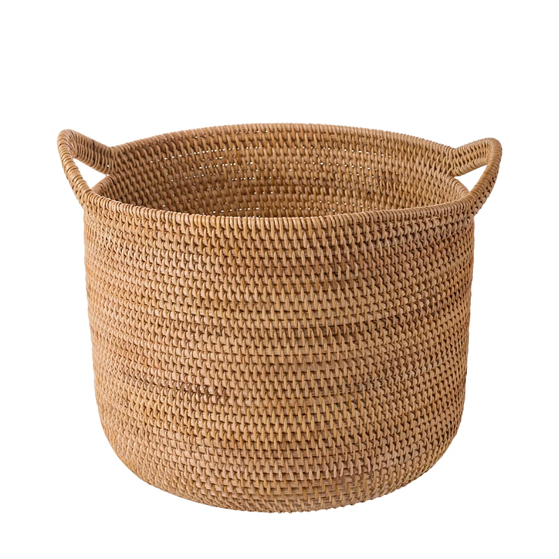 

Vintage rattan woven basket, high-end wooden handmade woven dirty clothes basket, large cylindrical toy