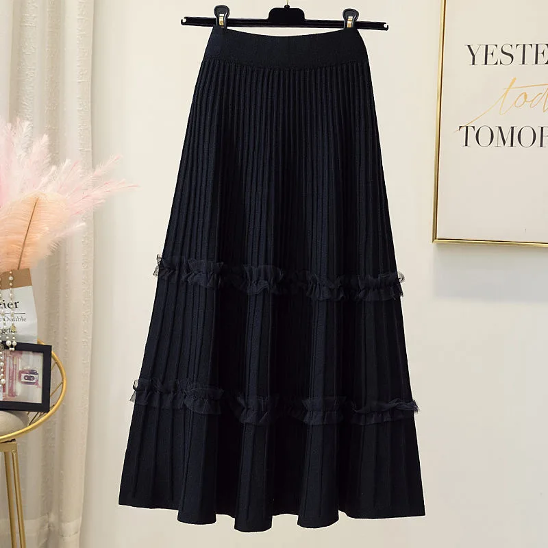 Women's Pleated Skirt Autumn Winter High Waist Umbrella Skirt Covering Flaws Mid-Length Knitted Skirt Mesh Splicing A-Line Skirt