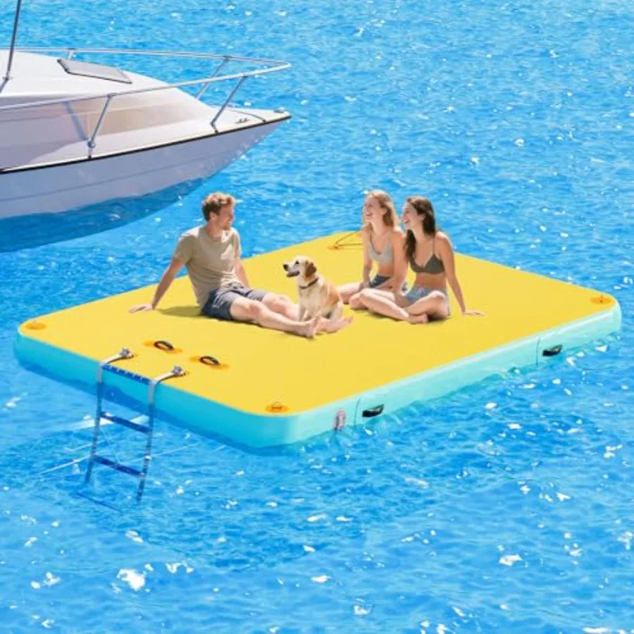 Inflatable Floating Dock for pool, lake, beach, ocean use; PVC material; gray color; non-slip surface and included rope ladder