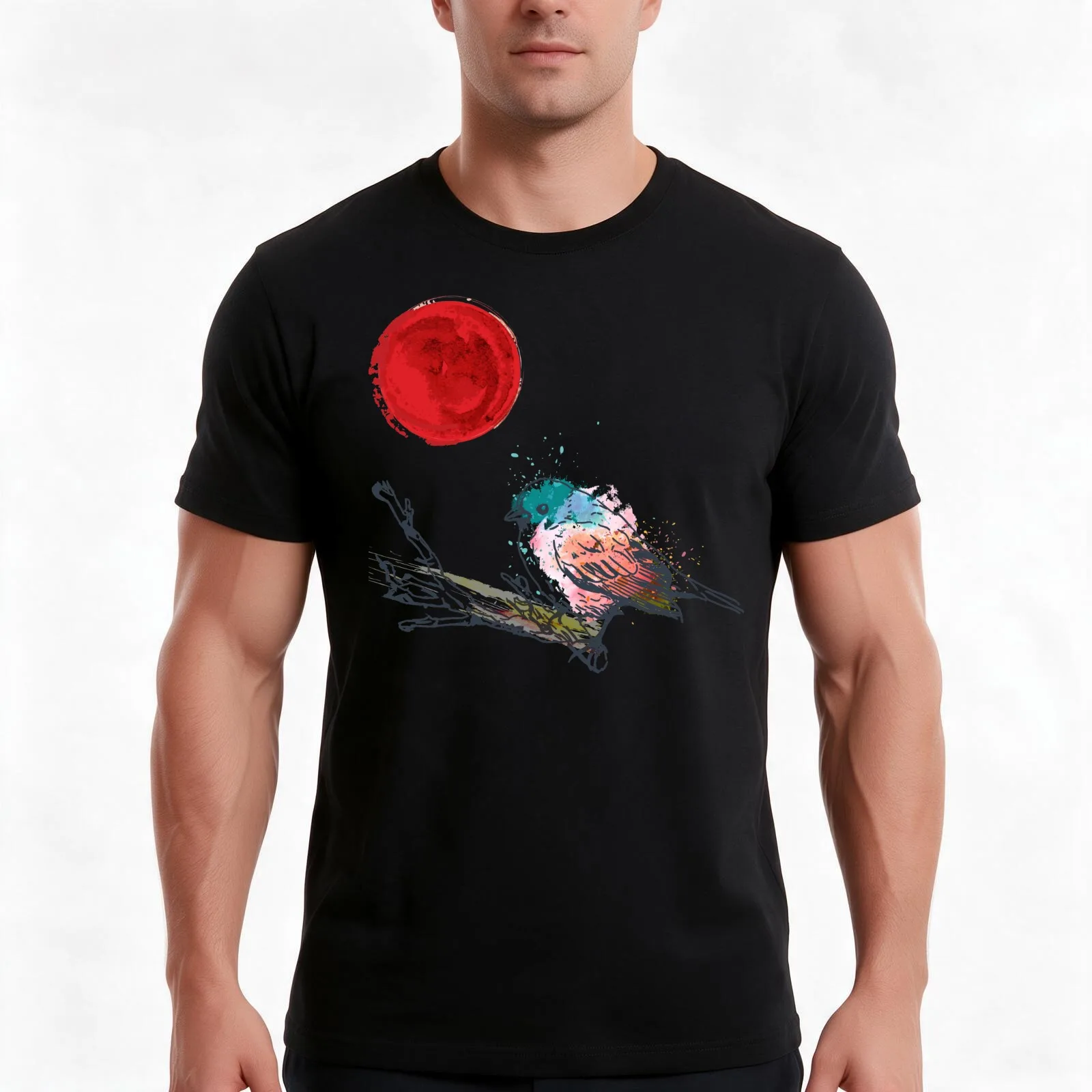Colourful Art Bird On Tree and Japanese Red Moon Style T-Shirt Summer Casual Cotton Tee Oversized Streetwear Tops 100% Cotton