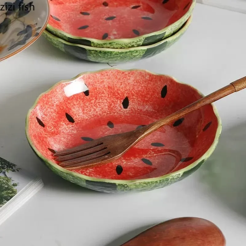 Hand Drawn Watermelon Ceramic Deep Plate Creative Dessert Plate Salad Plate Sushi Plates Hotel Molecular Cooking Tableware