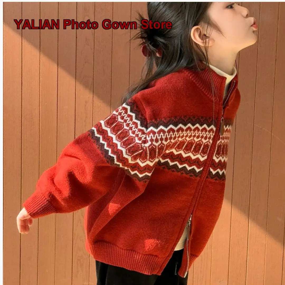 Girls Fair Isle Red Zip Up Knit Jacket 2026 New Year Thickened for Girls’ Zodiac Year