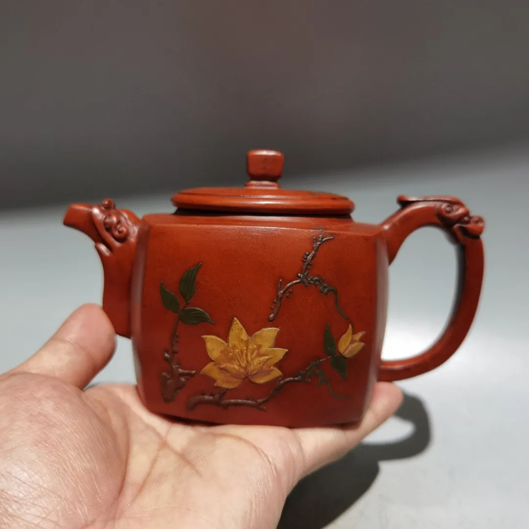 

6"Chinese Yixing Purple Clay Pot floral pattern Beast Mouth Pot Kettle Teapot Flagon Gather fortune Ornaments Town house