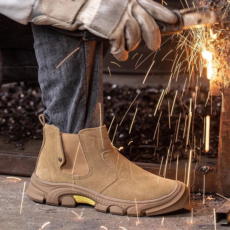 mens leisure steel toe caps work safety boots cow suede leather welding shoes worker security chelsea ankle botas safe footwear image 2