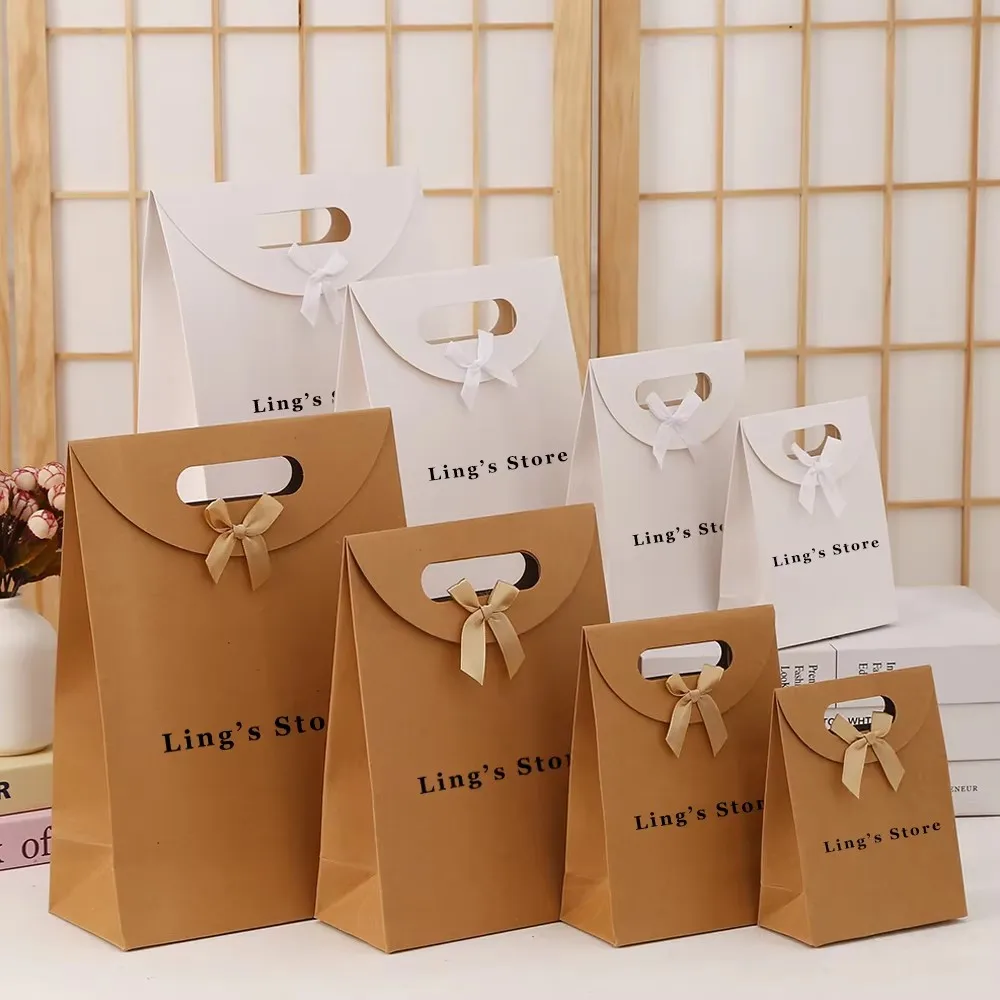

24/50/100 шт. Подарочные пакеты с логотипом на заказ, с клапаном и бантом, для ювелирных изделий, мелких аксессуаров, сувениров, бумажные кармашки для парфюмерии на день рождения
