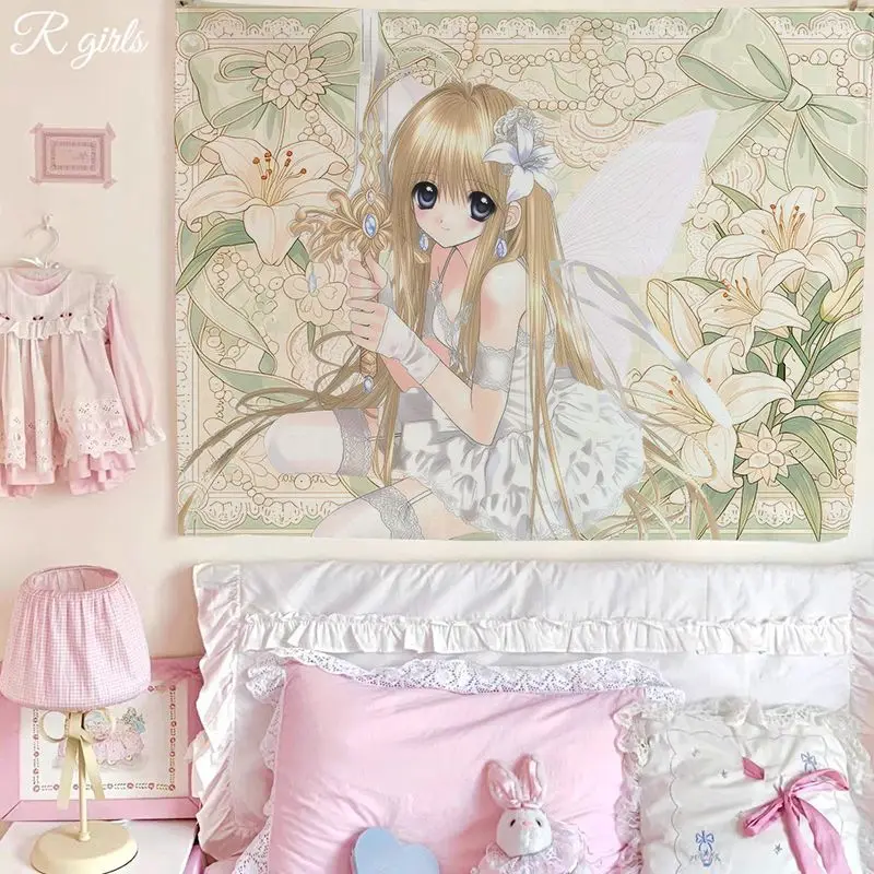 VIKAMA Fairy Angel Anime Girl Tapestry, Lily Floral Wall Hanging for Bedroom Dorm Living Room Dreamy Decor