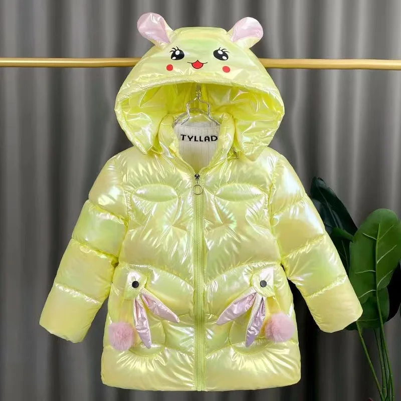 2025 Winter Jacket For Girls Coat Cute Rabbit Ears Waterproof Shiny Hooded Children Outerwear 1-6 Year Baby Kids Parkas Snowsuit