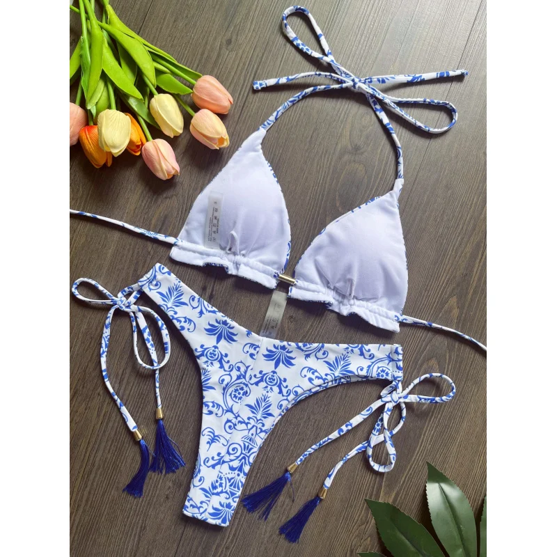 2024New Blue and White Porcelain Printed Bikini Swimsuit Beach Sexy Women's Swimsuit