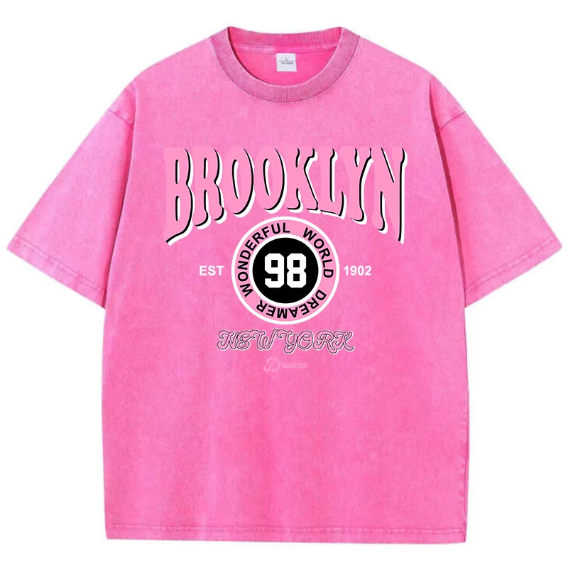 Fashion Women Washed T-Shirts Brooklyn Wonderful World Dreamer Printed Tee Shirts Cotton Oversize Crewneck Tees Street Clothes