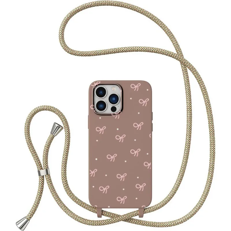 Pink Bow Case with Adjustable Strap for iPhone 13 Pro Max 17 16 15 14 Pro Max 13 12 11 Plus 7 8 XR Detachable Lanyard Phone Case
