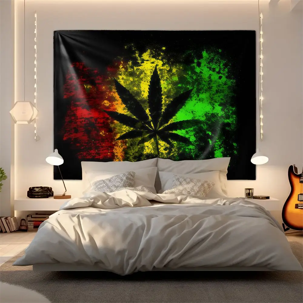 Reggae Rasta Weed Leaf Tapestry Wall Hanging Digital Print Wall Tapestry Backdrop Decor for Bedroom Dorm Living Room