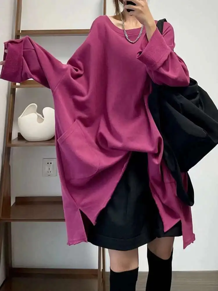 EAM Purple Big Pockets Casual Sweatshirt New Round Neck Long Sleeve Women Big Size Fashion Tide Autumn 2026 30A2867