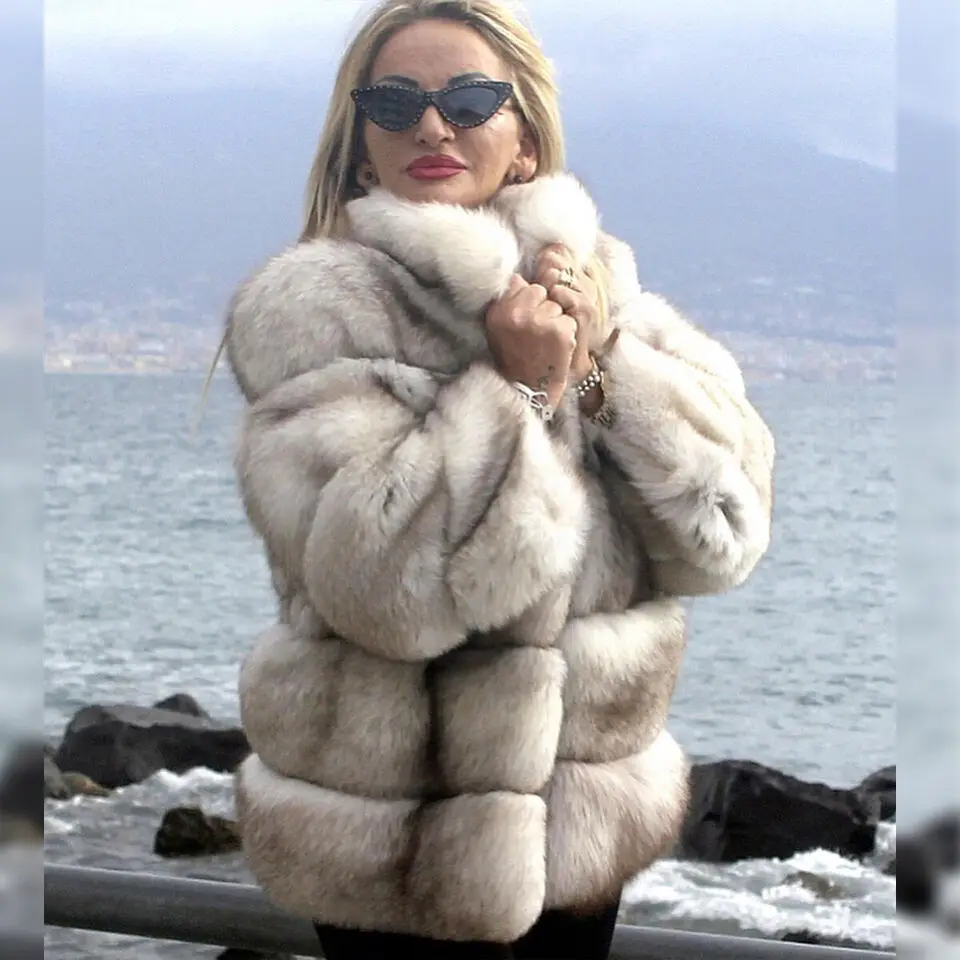 Genuine Thicken Fox Fur Coat Women Stand Up Neck Warm Outertwear Strip Sewed Natural Real Fur Jacket Female