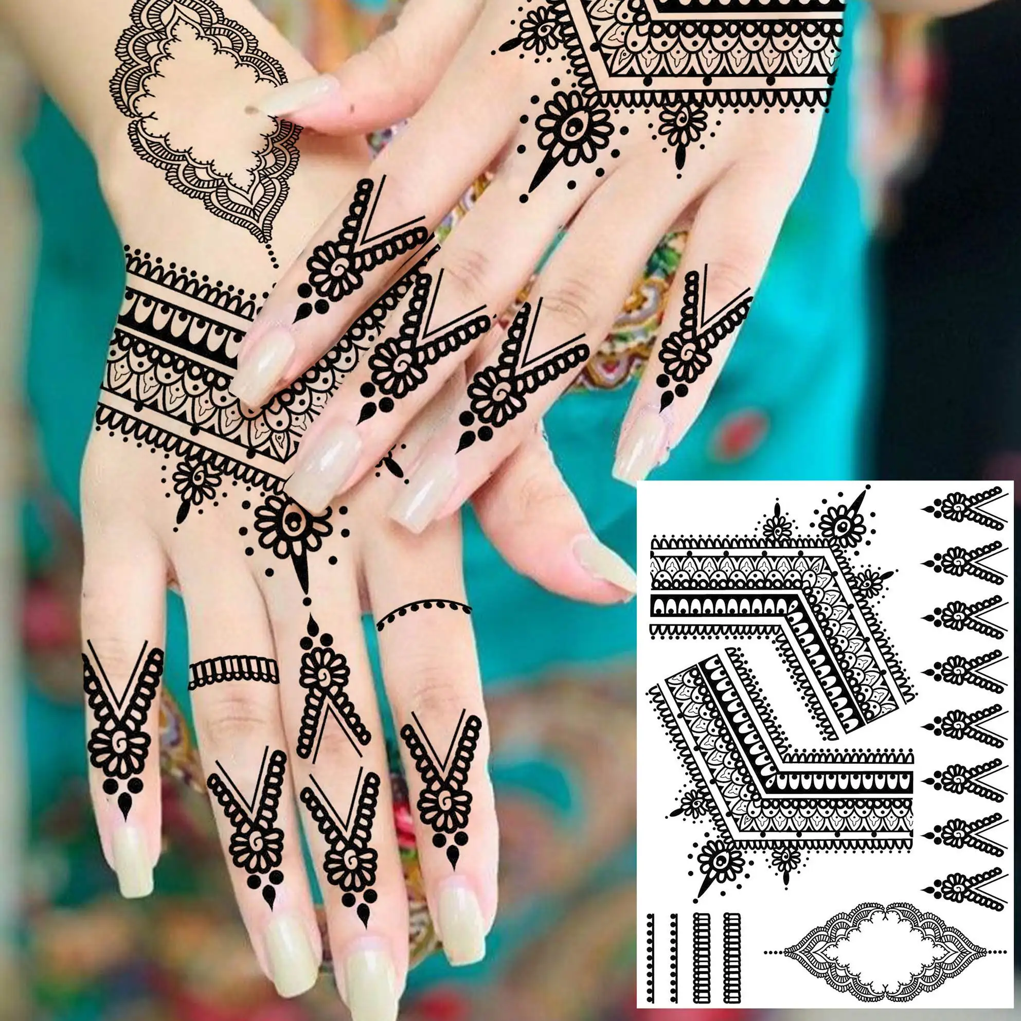4 枚黒ヘナマンダラフラワーメヘンディ一時的な入れ墨女性大人用フェイク防水ボディアートペインティングタトゥーステッカー