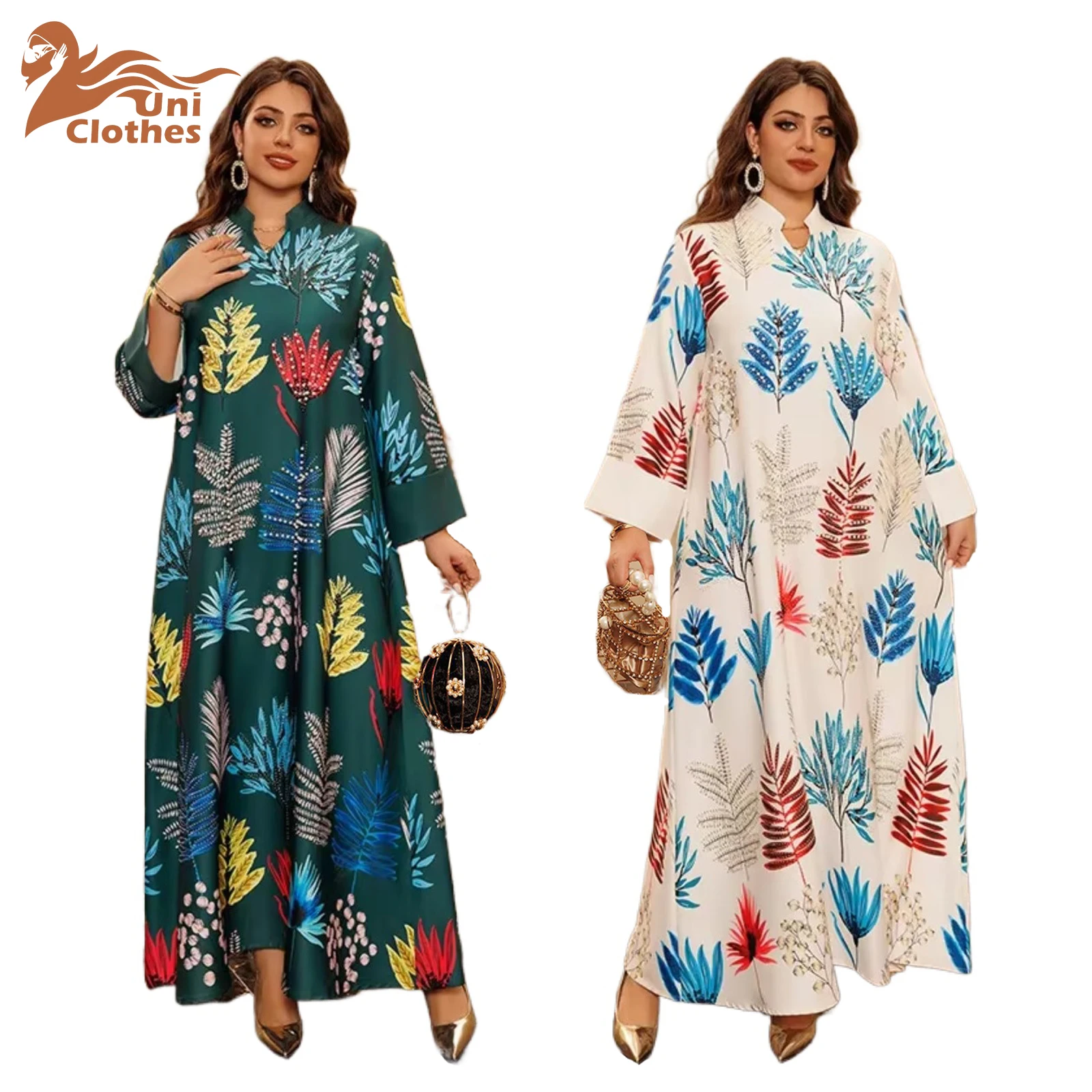 

UNI 2025 Ramadan Party Dress Beading Printed Muslim Women Abaya Arabic Dubai Abaya Middle East Islamic Clothing Kaftan Jalabiya