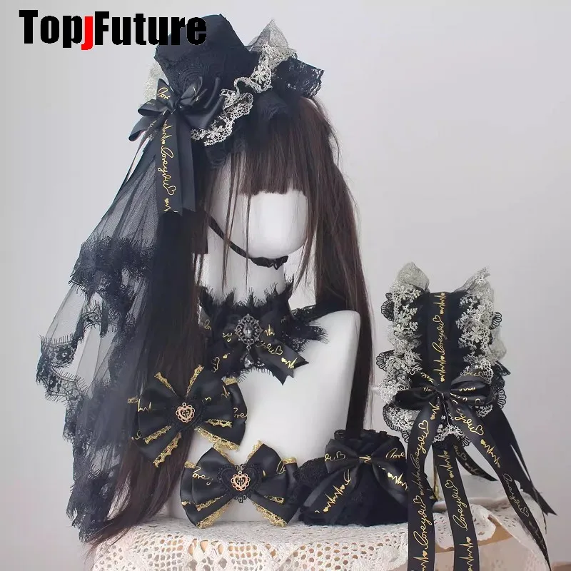 Accesorios de lujo para el cabello en negro y dorado, estilo Lolita Y2K, gótico, punk, Harajuku, con plumas, sombrero pequeño, horquillas elegantes, collar, bolso, pulsera