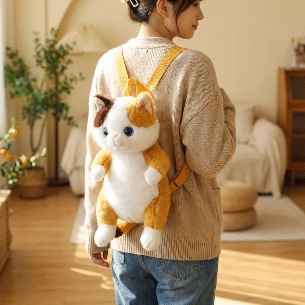 

Мягкий рюкзак для путешествий с котом, полосатый узор, милый рюкзак с мягкими животными, поза для сидения, пушистая текстура, имитация кошки, сумка на каждый день