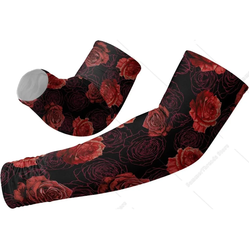 Cubierta de brazo refrescante con flor de rosa roja para hombres y mujeres - Mangas de brazo con protección solar ultravioleta para conducir con el dedo