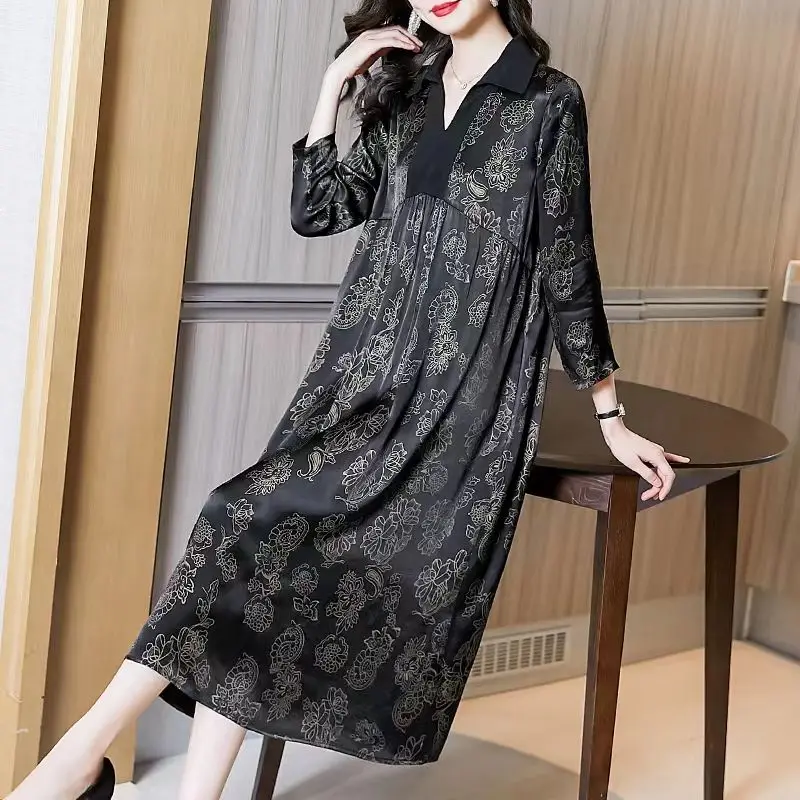 Turn-down Kraag Gesplitste Jurken Vrouwelijke Kleding Vintage Bloemen Gedrukt Lente Zomer 3/4 Mouwen Losse A-lijn Lange Jurk JJ18