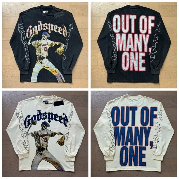 

Футболка Godspeed Couples Long Sve, винтажная бейсбольная футболка с буквенным принтом, свободная хлопковая круглая футболка Ne, уличная одежда