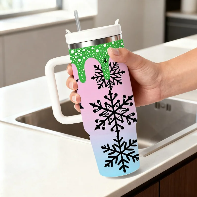 Whimsical Winter Snowflake Digital Print 40oz Stainless Steel Insulated Tumbler, Gradient Pink to Light Blue Design with Festive Drip Details, Reusable Heat & Cold Retention Cup for Daily Sips, Commutes & Outdoor Use