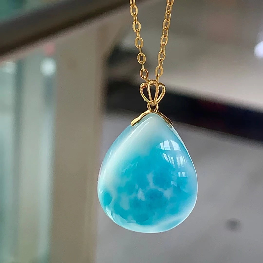 Natural Blue Larimar Heart Pendant Necklace Gemstone Women Larimar 22.2/17.7/9.8mm 18K Gold Larimar Fashion Jewelry AAAAAA