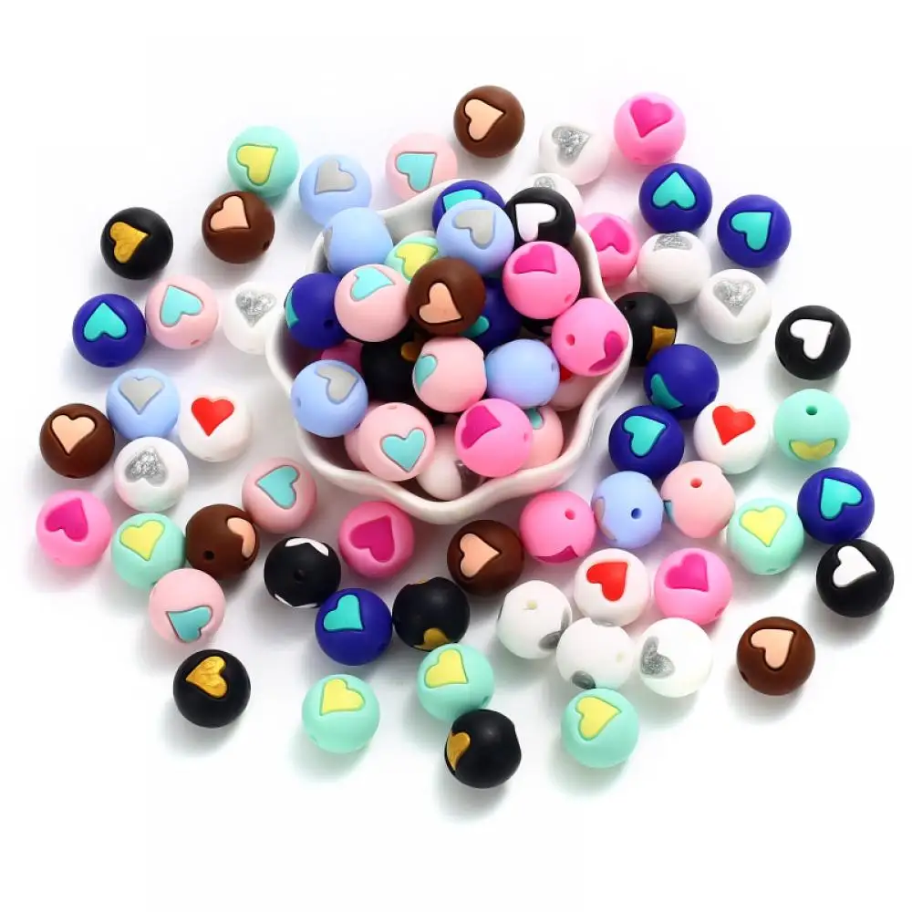 10Pcs Colorful Round Heart Silicone Beads 10mm Teether Chewing Beads For Bracelet Pacifier Chain Accessory DIY Jewelry Making