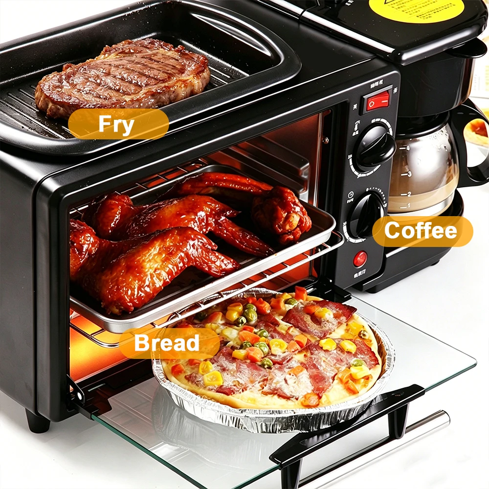 Máquina de desayuno multifuncional, cafetera de goteo mini, horno para pan y pizza, sartén, tostadora, 220V, enchufe europeo