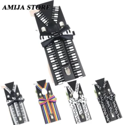 Fashion Unisex Suspender Set Musical Note Stave Rainbow Braces With Bowtie Clip-on Elastic Y-back Mens Straps Butterfly Party Gi