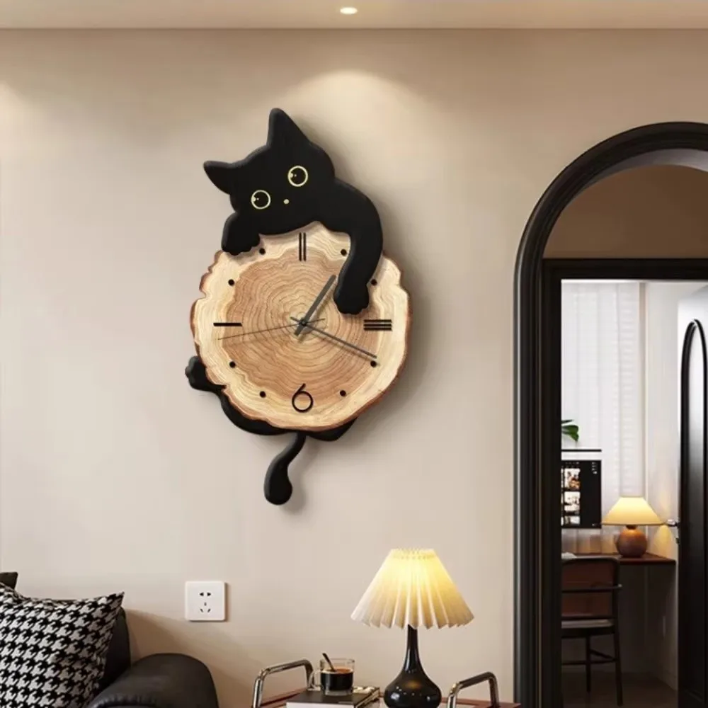 Wall Ornament Cute Cat Wall Clock Tail Swing Home Decoration Wall Mounted Clock Silent Feature Cat Hanging Clock Dormitory