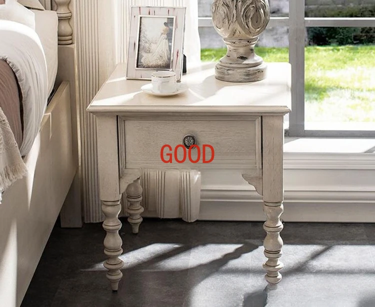 Country solid wood, log oak old white table bedroom bedside storage cabinet furniture